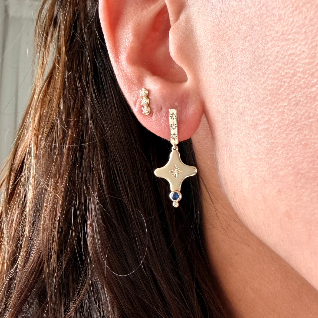 14K Gold Star-Shaped Earring with Diamonds & Sapphire