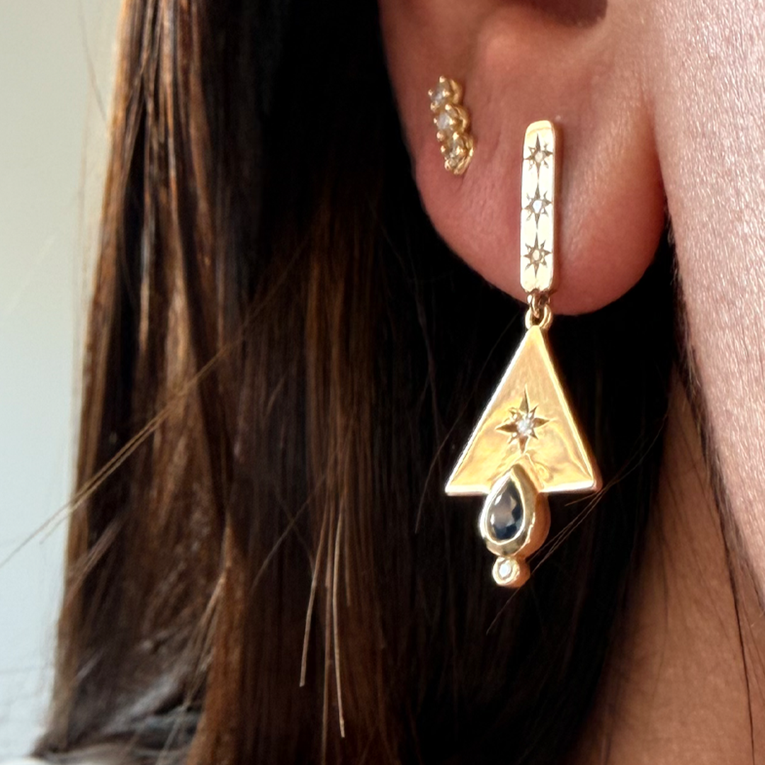 14K Gold Triangle Earrings with Diamond Star & Sapphire