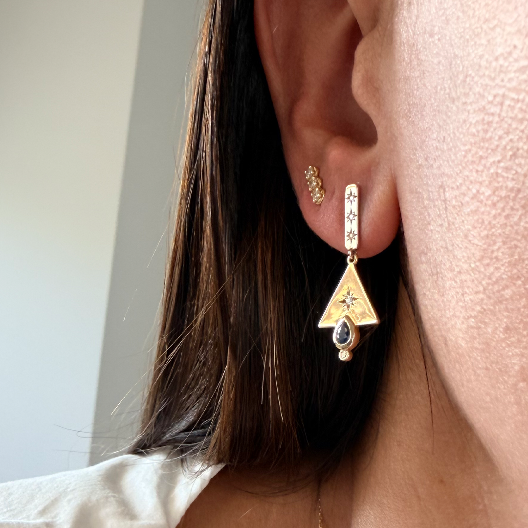14K Gold Triangle Earrings with Diamond Star & Sapphire