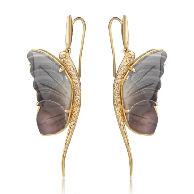 Carved Grey and Brown Agate Butterfly Earrings with Diamonds