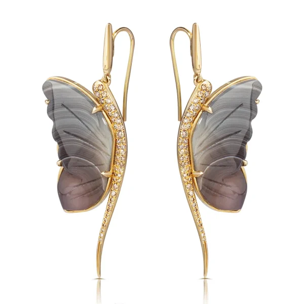Carved Grey and Brown Agate Butterfly Earrings with Diamonds