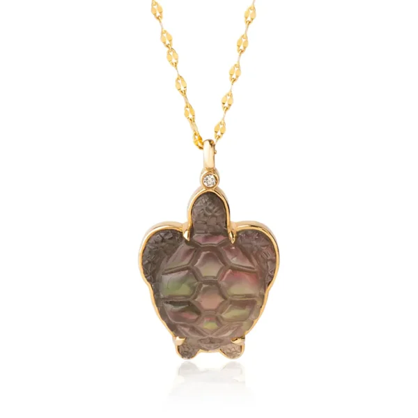 14K Gold Grey Mother of Pearl Turtle Necklace with a Diamond