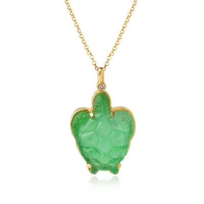 14K Gold Green Agate Turtle Necklace with a Diamond