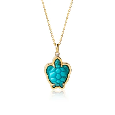 Tiny Turquoise Turtle Necklace with a Diamond