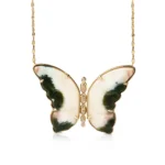 White and Green Agate Butterfly Necklace with Diamonds