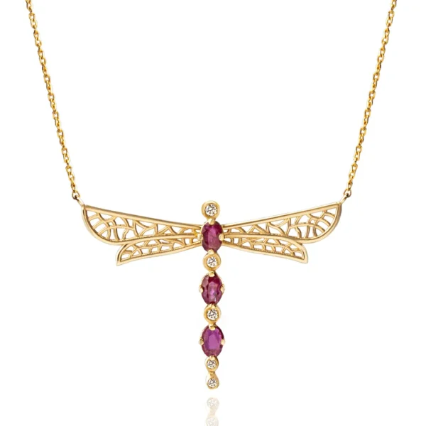 14K Gold Dragonfly Necklace with Rhodolites and Diamonds