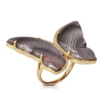 Grey and White Agate Butterfly Ring with Diamonds