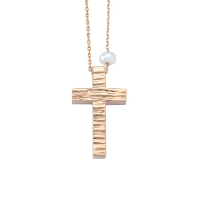 Classic Hammered Gold Cross Pendant with Freshwater Pearl