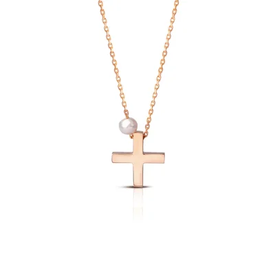 Tiny Squared Gold Cross Pendant with Freshwater Pearl or plain