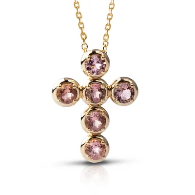 Circle Gold Cross with 6 Pink Tourmalines
