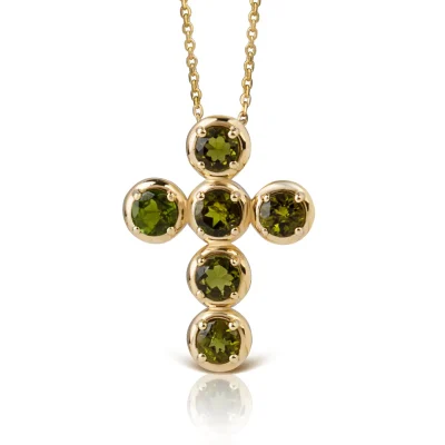 Circle Gold Cross with 6 Green Tourmalines
