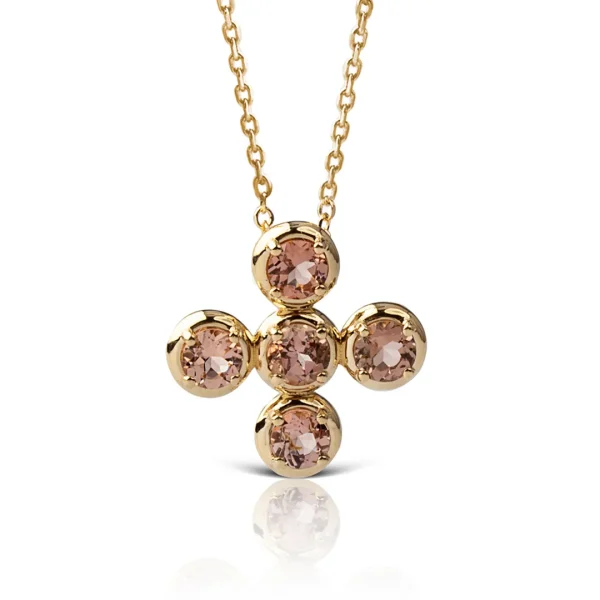 Circle Gold Cross with 5 Pink Tourmalines