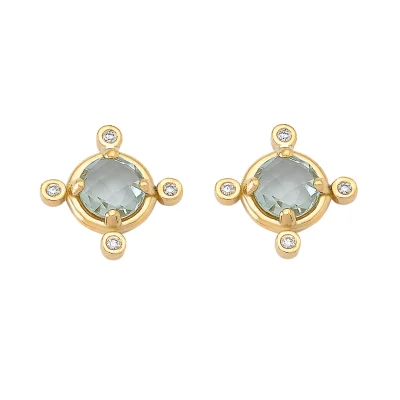 18K Gold Green Amethyst Diamond Earrings