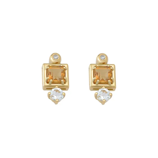 18K Gold Square Citrine Earrings with White Topaz and diamond