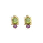 18K Gold Square Peridot Earrings with Rhodolite and diamond