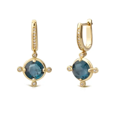 18K Gold pair of Diamond Oval Hoops with London Blue Topaz