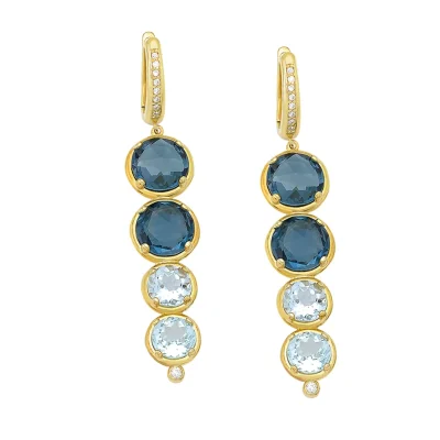 18K Gold long Diamond hoop earrings with London Blue Topaz and Aquamarine