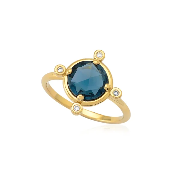 18K Gold London Blue Topaz Ring with crossed Diamonds