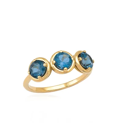 18K Gold three London Blue Topaz gemstone Ring