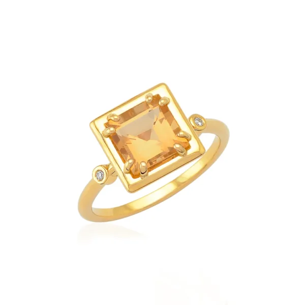 18K Gold square Citrine Ring with diamonds