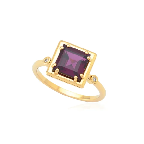 18K Gold square Rhodolite Ring with diamonds