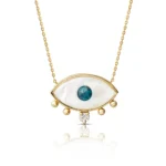 White and Blue Evil Eye Necklace with Diamond and Gold Dots