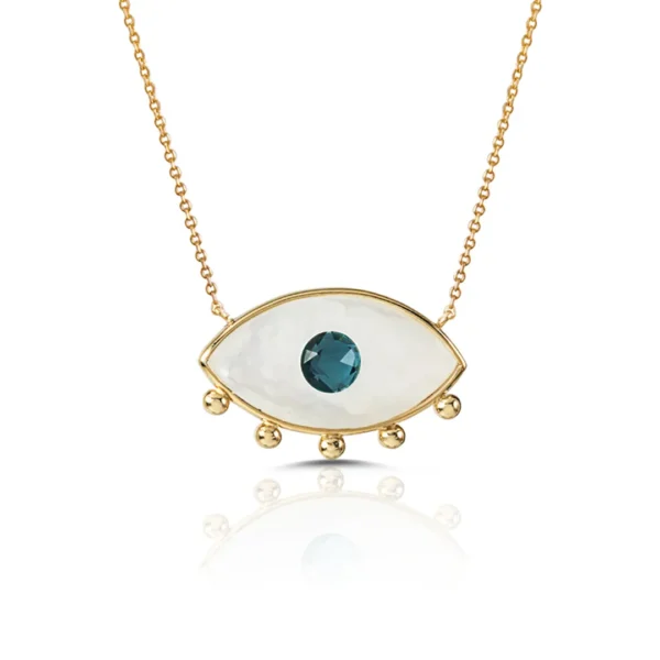 White and Blue Evil Eye Necklace with 5 Gold Dots