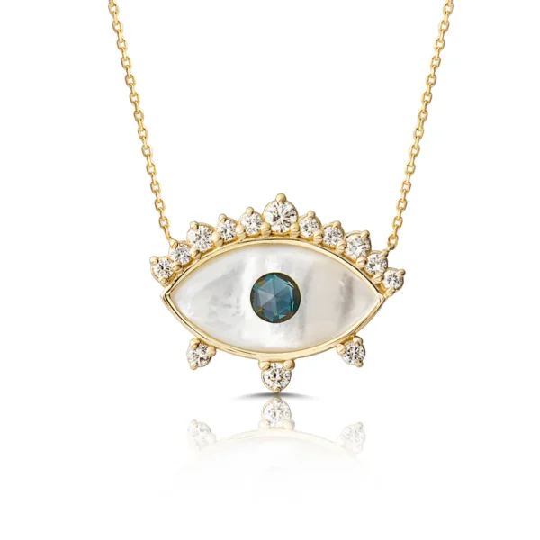 White and Blue Evil Eye Necklace with Diamond Diamond Crown