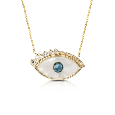 White and Blue Evil Eye Necklace with Diamond Diamond Lashes