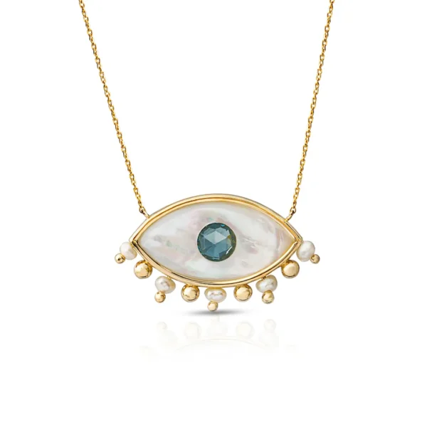 White and Blue Evil Eye Necklace with Gold Dots and Tiny Pearls