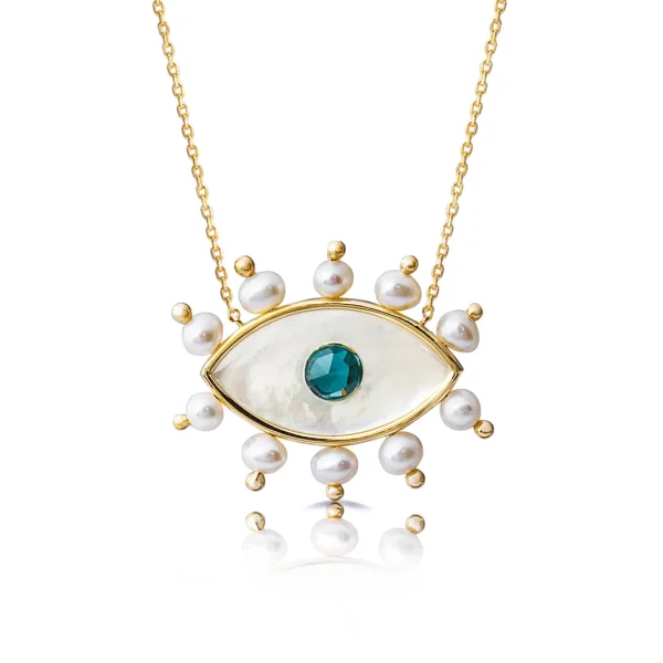 White and Blue Evil Eye Necklace with Pearls