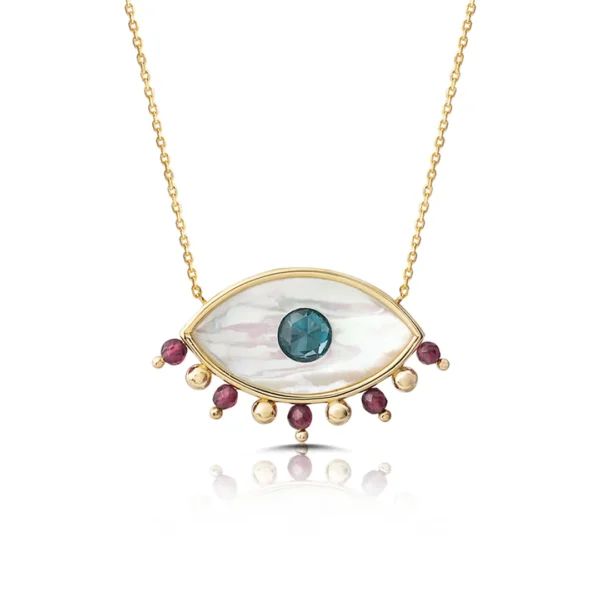 White and Blue Evil Eye Necklace with Gold Dots and Tiny Rhodolite Beads