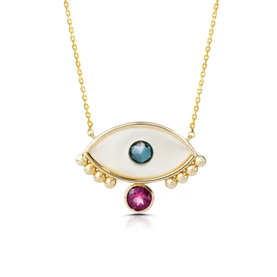 White and Blue Evil Eye Necklace with Gold Dots and a Rhodolite gemstone