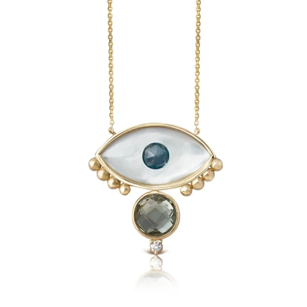White and Blue Evil Eye Necklace with Gold Dots