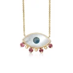 White and Blue Evil Eye Necklace with Gold Dots and Pink Tourmalines below