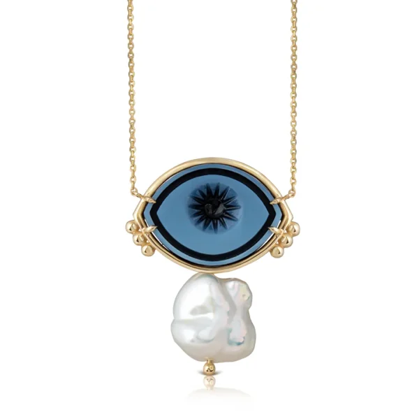 Cycladic Talisman Necklace with Cameo Eye with Gold Dots and Baroque Pearl