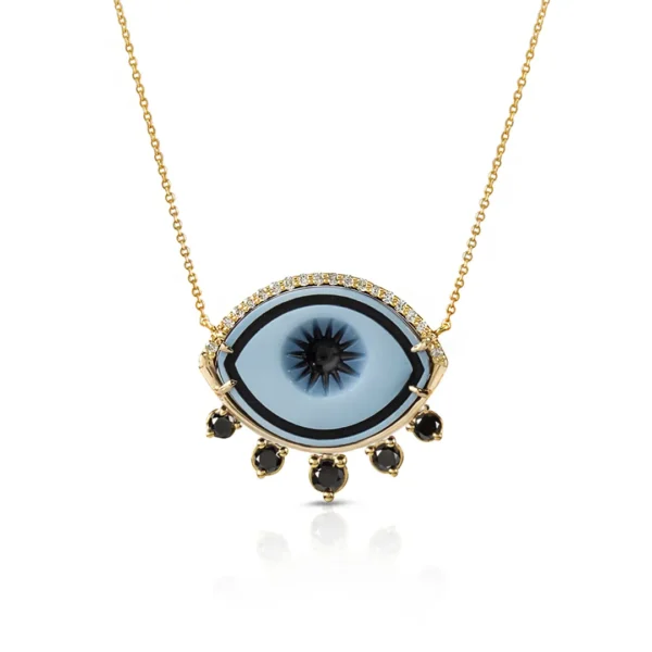 Cycladic Talisman Necklace with Cameo Eye and 5 Black Diamonds