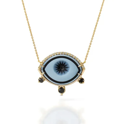 Cycladic Talisman Necklace with Cameo Eye and 3 Black Diamonds