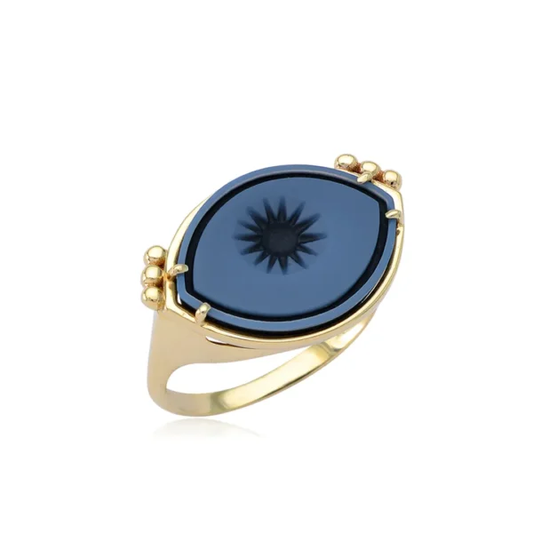 Cycladic Talisman 14K Gold Ring with Cameo Eye and six Gold Dots