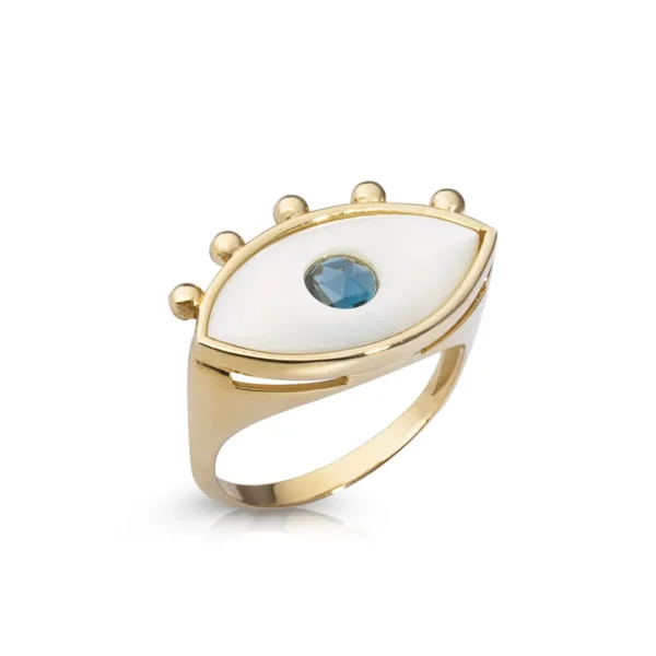 White and Blue Evil Eye Ring with five Gold Dots