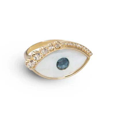 White and Blue Evil Eye Ring with Diamond Lashes