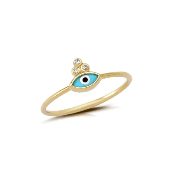 Tiny Greek Evil Eye Ring with 3 Gold Dots and Diamonds
