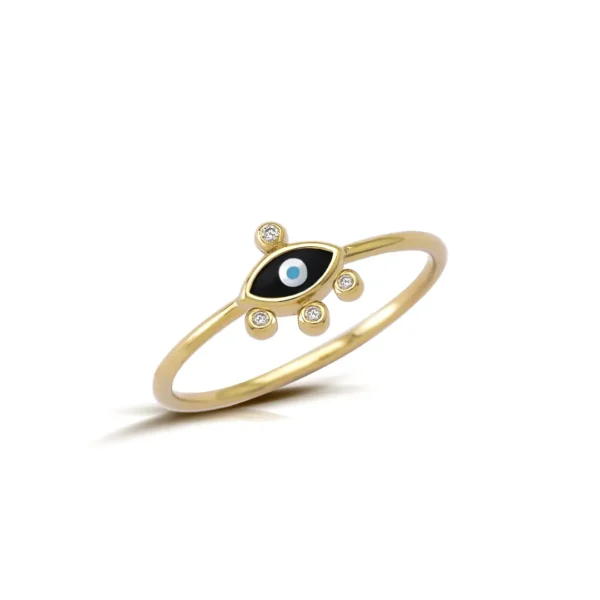 Tiny Greek Evil Eye Ring with 4 Gold Dots and Diamonds