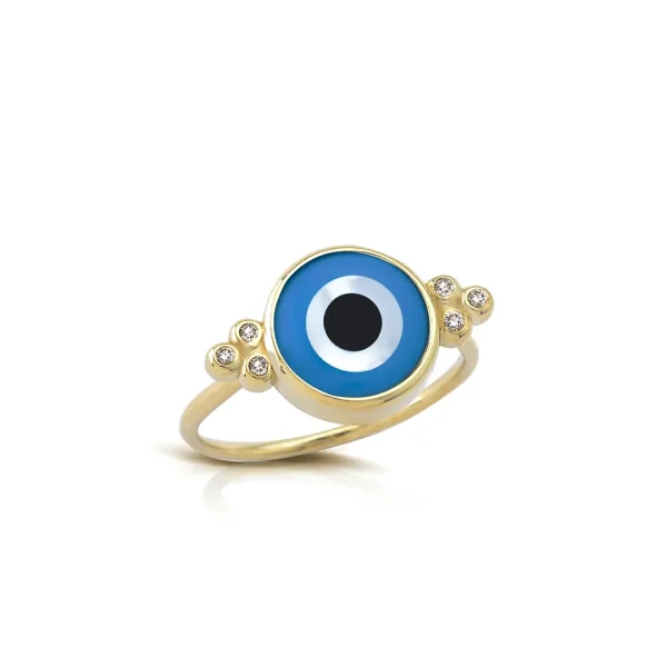 Greek Round Evil Eye Ring with 6 Gold Dots and Diamonds