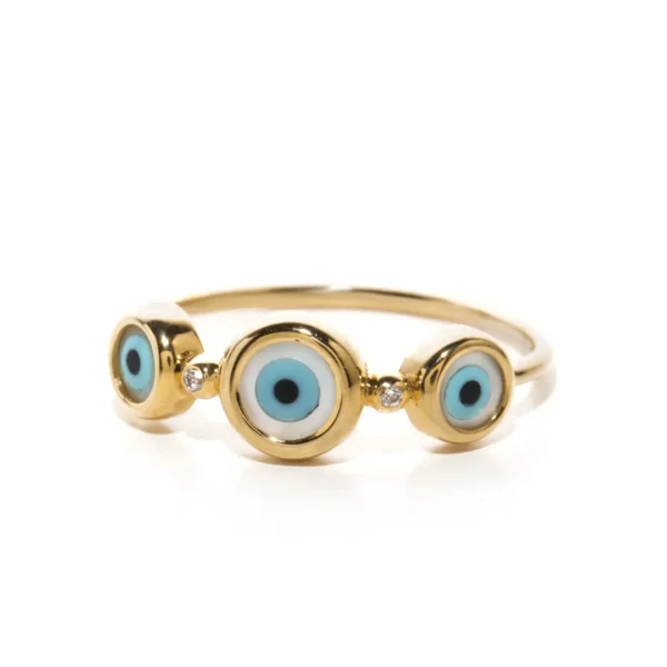 14K Gold Ring with three round eyes and Diamonds