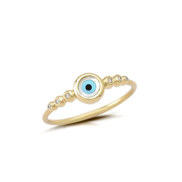 Greek Round Evil Eye Ring with Gold Dots and Diamonds