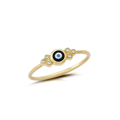 Tiny Greek Round Evil Eye Ring with 6 Gold Dots and Diamonds