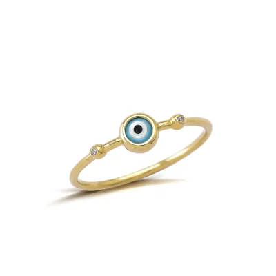 Tiny Greek Round Evil Eye Ring with 2 Gold Dots and Diamonds