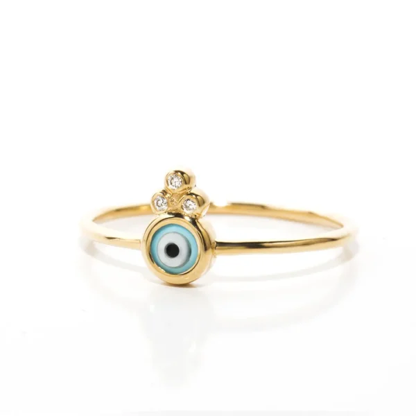 Tiny Greek Round Evil Eye Ring with 3 Gold Dots and Diamonds