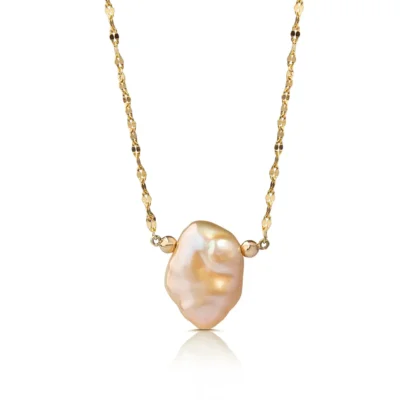 14K gold Baroque Pink -Orange Pearl Necklace